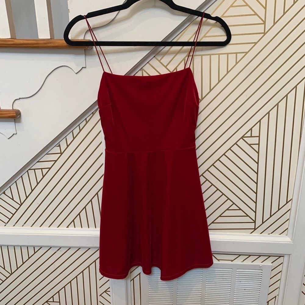 UO Straight Neck Red Velvet Skater Dress - Picture 4 of 8